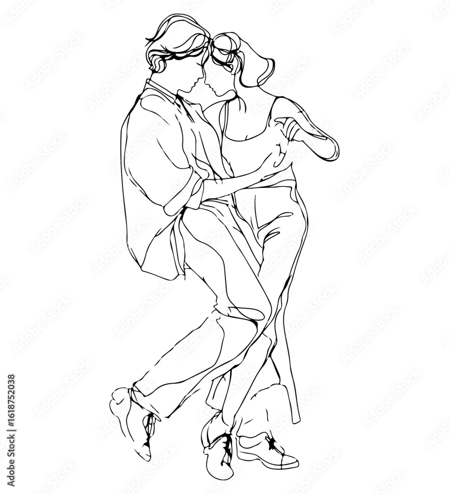 Fototapeta premium Couple dancing closely together in black and white line art tango ballroom