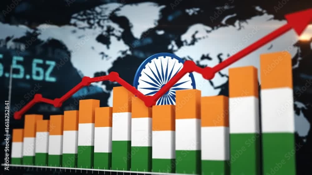 india economic growth, upward arrow and bar chart in national flag colors with map background representing rising gdp financial progress investment and development trends

