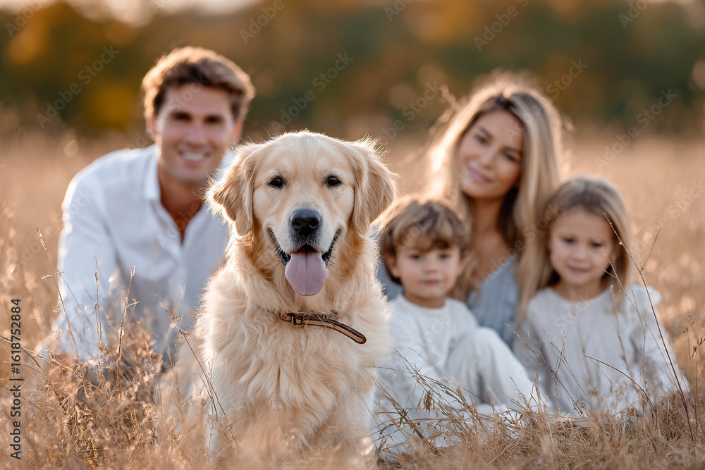 Obraz premium Family portrait with a golden retriever dog in a field at sunset