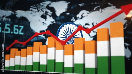 india economic growth, upward arrow and bar chart in national flag colors with map background representing rising gdp financial progress investment and development trends

