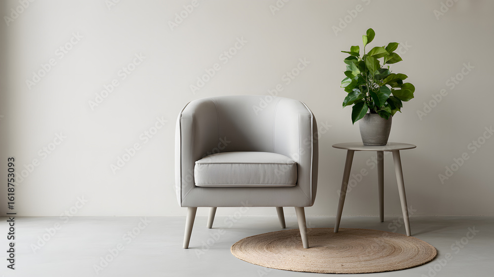 Fototapeta premium Elegant minimalist armchair with lush green plant on side table creating serene modern living room ambiance