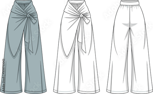 Wide-leg wrap pants fashion sketch, high waist tie design, front and back view, loose fit illustration, stylish garment drawing