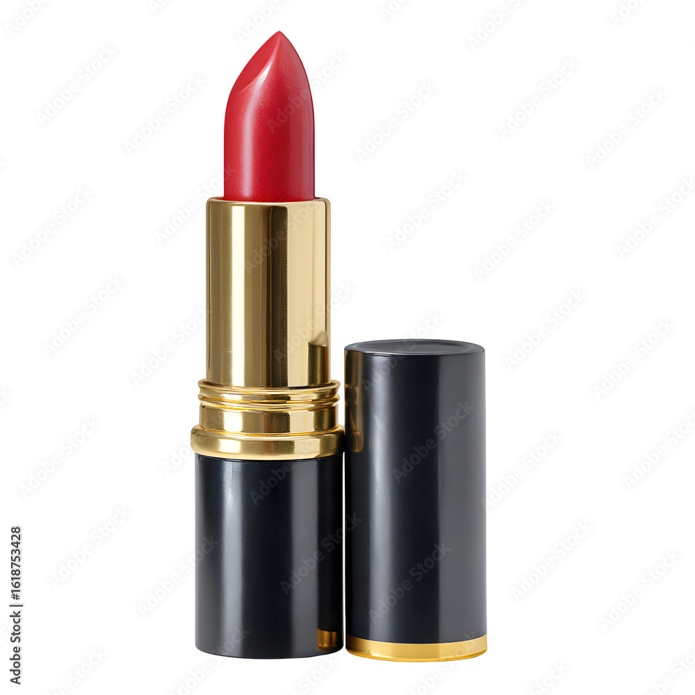 Obraz premium Red lipstick in gold and black case isolated on transparent background