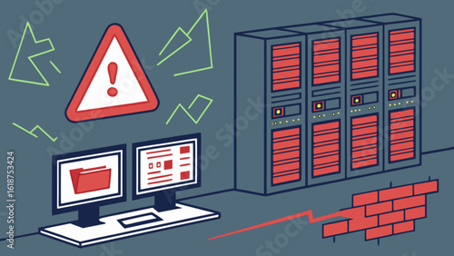 Network security breach alert on server room with firewall and computer systems monitoring data center