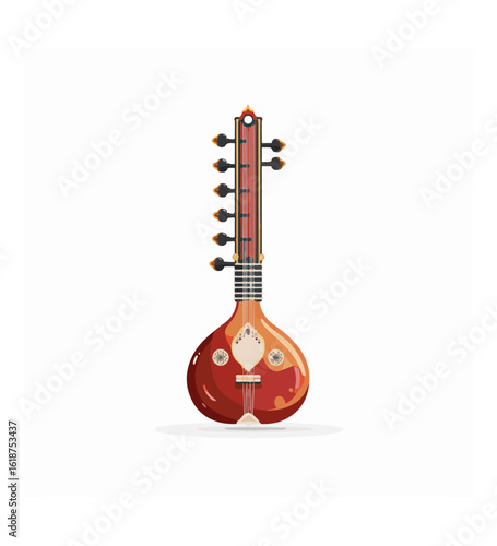Red and orange Indian sitar musical instrument vector illustration Indian music string instrument