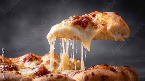 Slice of pizza with melting cheese being lifted over the rest of pizza