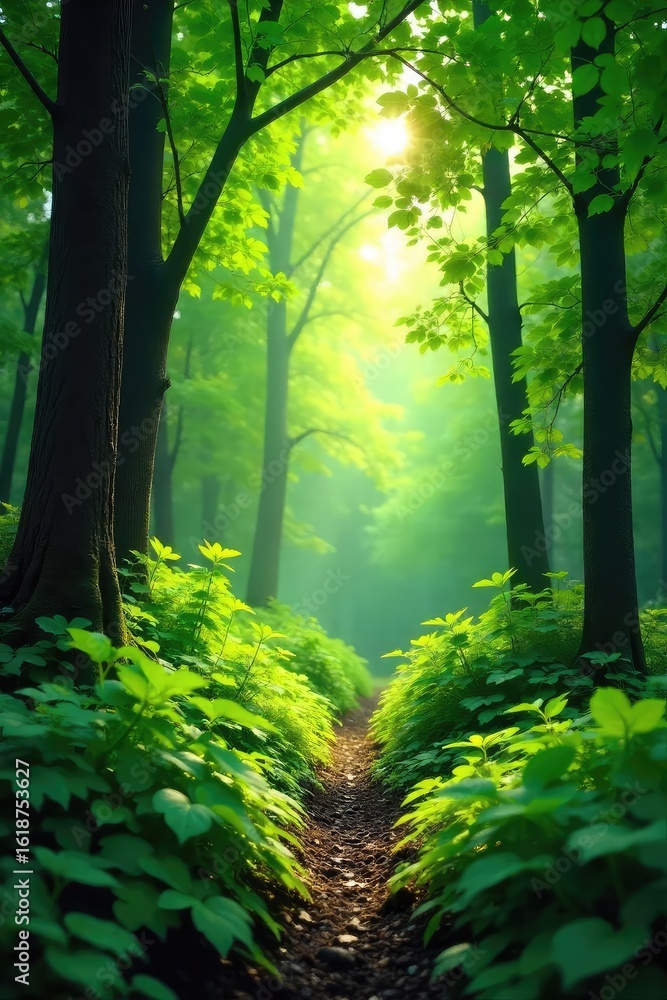 Naklejka premium Lush forest green foliage fills the frame, sunlight dappling through leaves, creating a vibrant, textured scene Perfect for nature, ecology, and environmental themes , foliage, vibrant, natural