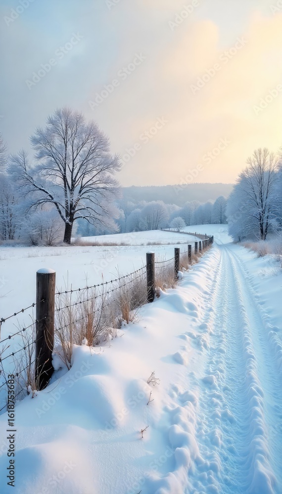 Naklejka premium Serene Winter Countryside Snow-Covered Fields and Rustic Fence under a Pale Sky. Peaceful snowy landscape photography perfect for winter travel, holiday, and nature-themed projects.