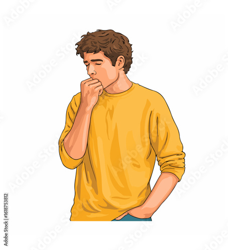 Young man with curly brown hair wearing yellow shirt biting fingernail male person