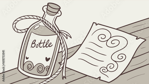 A vintage bottle with a cork and rope, along with a paper scroll on a wooden table, all in a handdrawn style, creating a decorative and artistic image with retro and antique elements