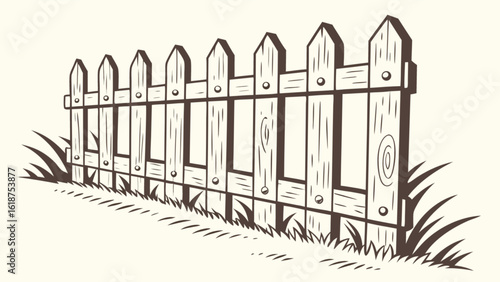 A wooden fence with grass in a yard, creating a handdrawn style illustration of a boundary and security structure, with decorative and artistic elements