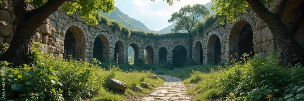 Fototapeta premium Mysterious ancient stone ruins overgrown with vines and trees, hinting at a forgotten civilization Erosion reveals layers of history in this sun-drenched landscape , trees, relics