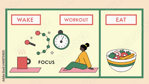 Daily routine wake up workout eat healthy lifestyle schedule wellness planner morning exercise salad time