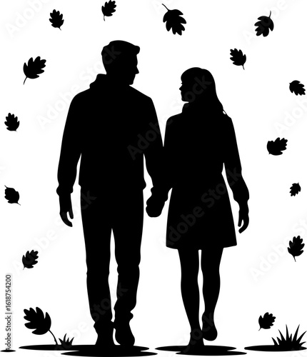 A black silhouette of a couple walking under falling leaves