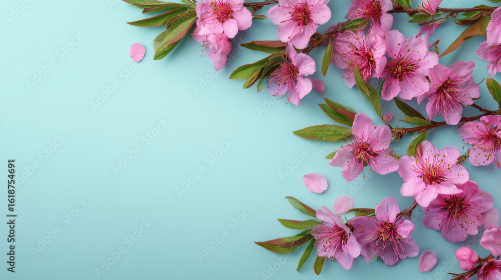Naklejka premium Flat lay composition of soft pink spring flowers arranged as a floral border on a pastel blue background — perfect for seasonal designs or greeting cards.
