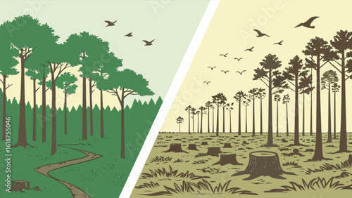 Forest deforestation illustration showing environmental impact and habitat loss for conservation awareness
