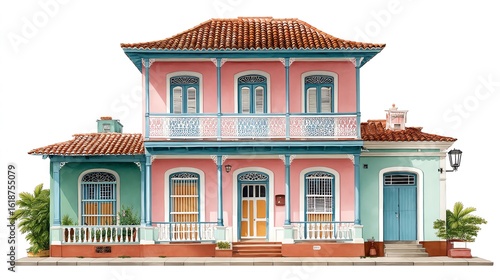 Pastel Pink and Teal Two Story House with Terracotta Roof and Lush Greenery