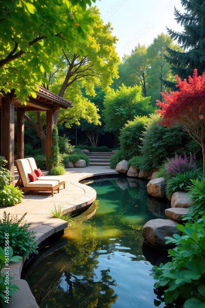 Naklejka premium Stunning backyard oasis featuring lush greenery, a tranquil pond, and a meticulously designed patio Perfect for relaxation and outdoor entertaining , tranquil, healthy, exterior