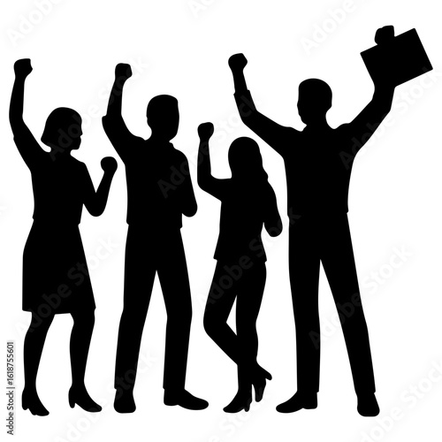 Startup team celebrating success silhouette vector art with white background