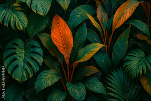 Wallpaper Mural Lush tropical foliage with rich green and orange leaves creating vibrant natural jungle texture background Torontodigital.ca