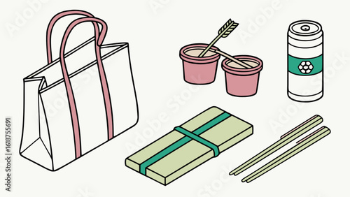 Japanese bento box lunch set with bag chopsticks and drink vector illustration design for food lovers and picnics