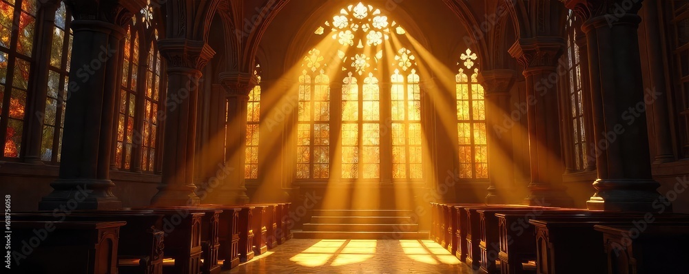 Obraz premium Sunbeams stream through stained-glass windows, illuminating a sacred space with ethereal, golden light Perfect for religious, spiritual, or fantasy themes , belief, light