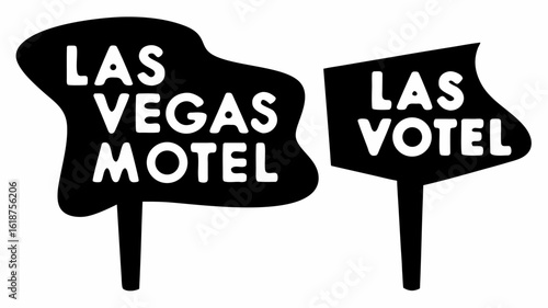 Two signs displaying las vegas motel and las votel in a retro style black and white graphic design silhouette