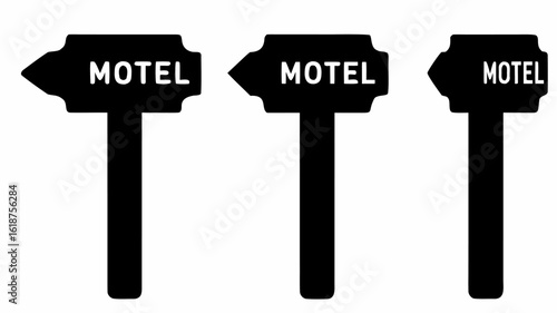 Three motel signs in black silhouette with arrow shaped tops pointing to the left and right side