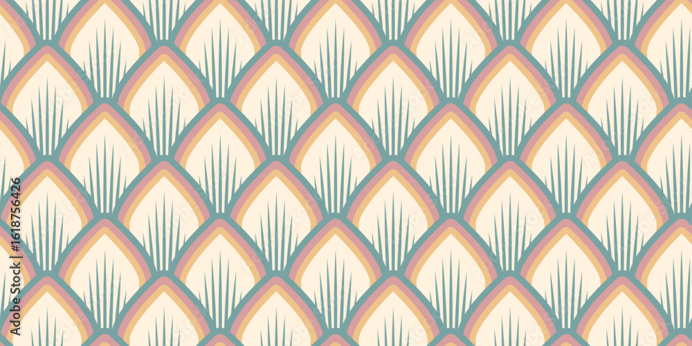 Fototapeta premium Retro Art Deco Seamless Pattern with Fan-Shaped Scales in Vintage Pastel Colors