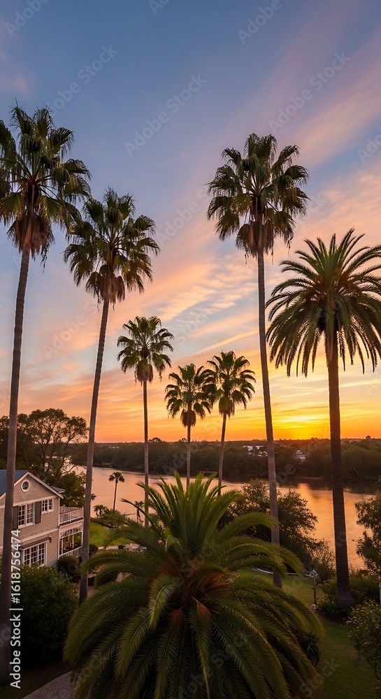 Fototapeta premium A vibrant sunset paints the sky behind towering palm trees and a riverside home, capturing the essence of a luxurious tropical evening in florida