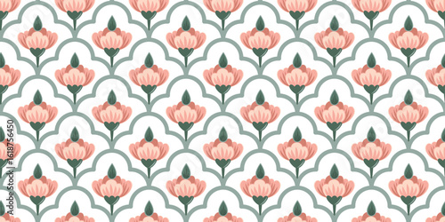 Seamless Floral Art Deco Pattern with Stylized Pink Tulips and Green Leaves and Indian Mughal Pichwai Theme