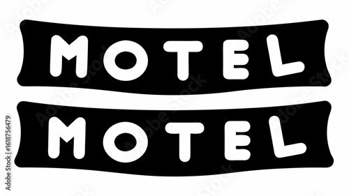Two motel signs with rounded letters in black and white offering lodging and accommodation for travelers on road silhouette