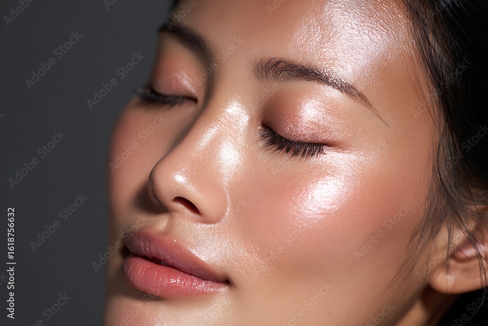 Fototapeta premium Stunningly radiant Asian woman with dewy skin and closed eyes, showcasing flawless makeup and glowing complexion