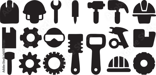 Isolated black workshop icons, gear, hammer, wrench, screwdriver, drill, toolbox, blueprint, spanner, construction hat, machine, repair tools for mechanic, engineering, DIY and industry visuals