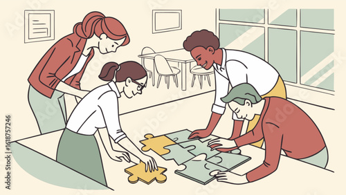 Teamwork collaboration business strategy meeting puzzle solving diverse group problem solving and solutions concept