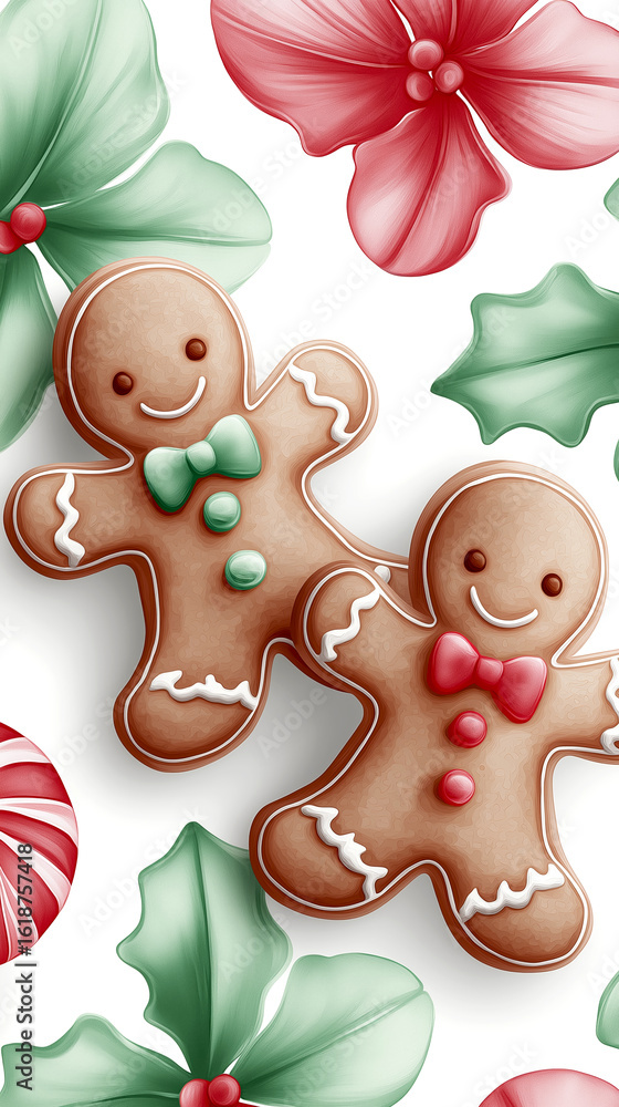 Naklejka premium Gingerbread cookies with colorful icing decorations are surrounded by festive holiday foliage and candy, creating a cheerful and vibrant seasonal atmosphere for Xmas celebrations and New Year ads