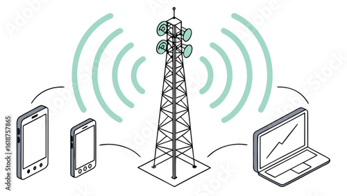Cell tower network connecting devices illustration for telecom infrastructure and wireless communication system
