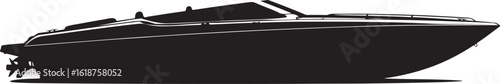 Monochrome silhouette of a modern speedboat with a sleek hull windshield and outboard motor