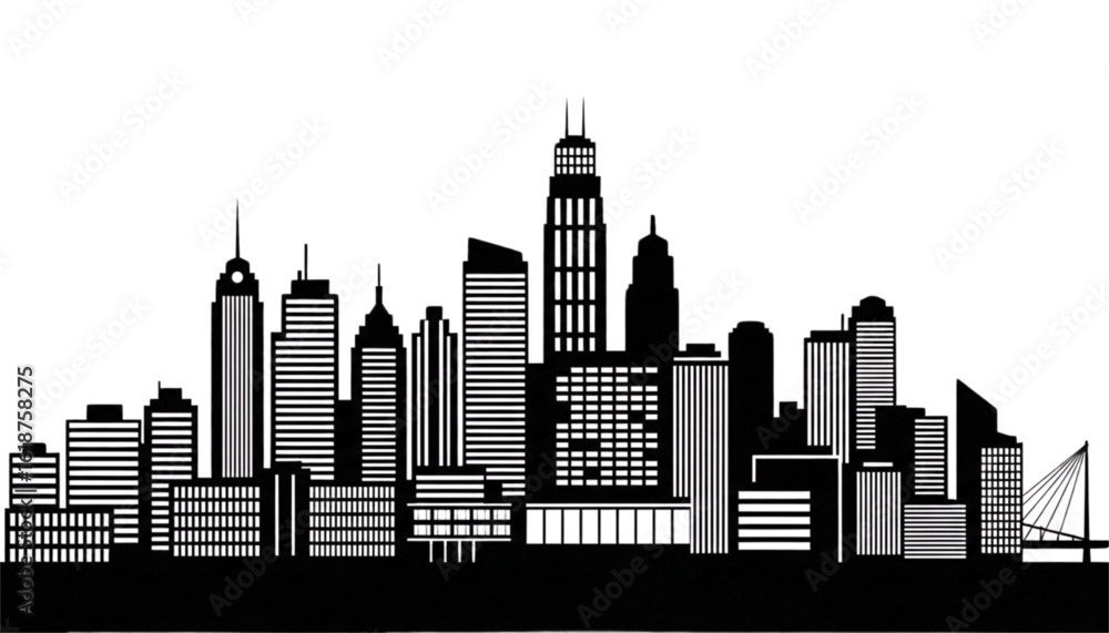 Naklejka premium Silhouette of a cityscape featuring various skyscrapers and buildings, rendered in black and white.