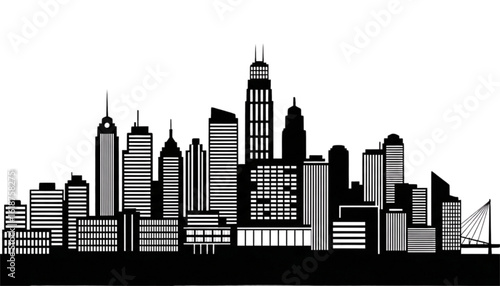Silhouette of a cityscape featuring various skyscrapers and buildings, rendered in black and white.
