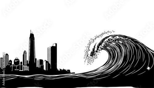 A city skyline threatened by a massive incoming tsunami wave.