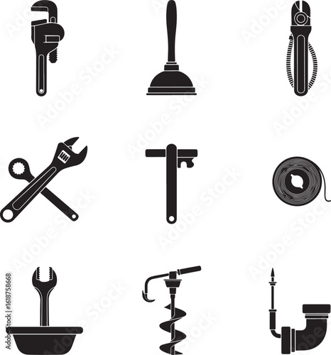 Set of nine black silhouette icons representing various plumbing and handyman tools including wrenches a plunger and a drain auger