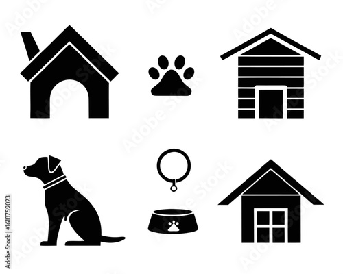 Collection of canine dwelling graphics featuring dog houses kennels and cozy cottages for pet related projects