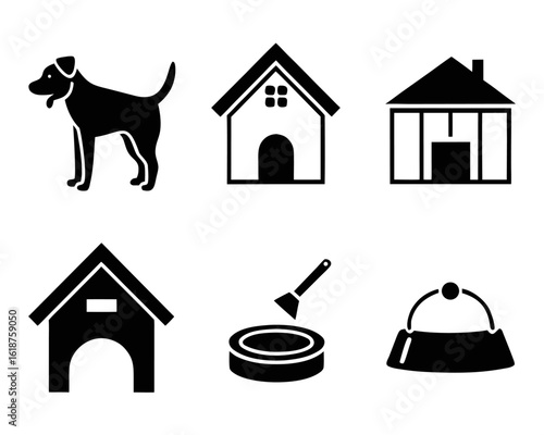 Collection of canine dwelling graphics featuring dog houses kennels and cottages in a mix of styles and colors