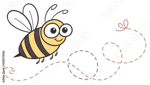 Cute cartoon bee flying with a dotted line trail isolated on white background, a happy and sweet character illustration for spring and summer designs, adorable kawaii mascot