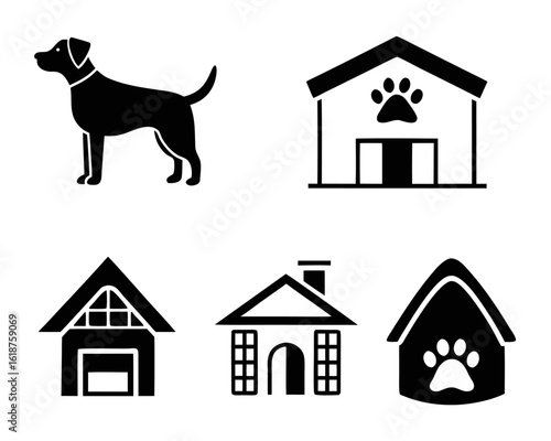 Collection of canine dwellings and shelters featuring diverse architectural styles for pets presented as a cohesive graphic element