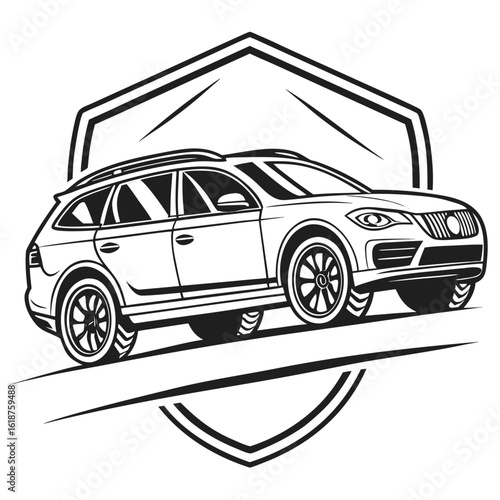 Modern suv station wagon depicted in a stylized black and white shield emblem