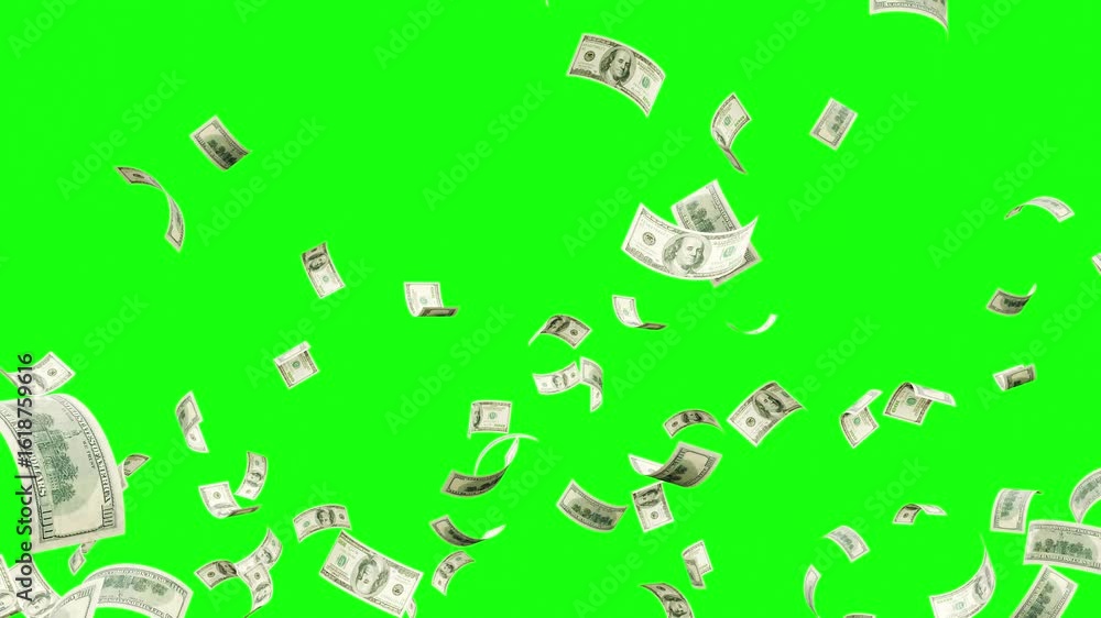 3d money rain green screen, Money explosion overlay isolated green screen chroma key and luma matte. Banknotes money flying down animation. dollars bills falling partical Video 4k.