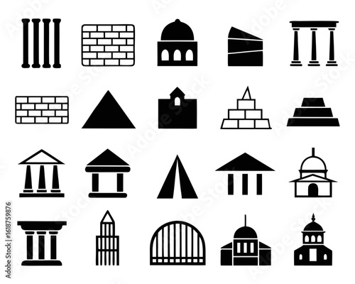 Collection of linear outline icons representing historical architectural styles and structures from antiquity