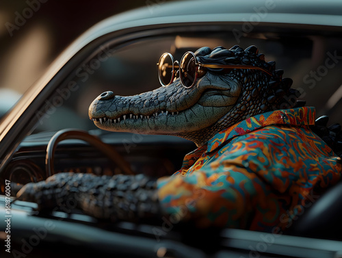 Crocodile Driver In Retro Car